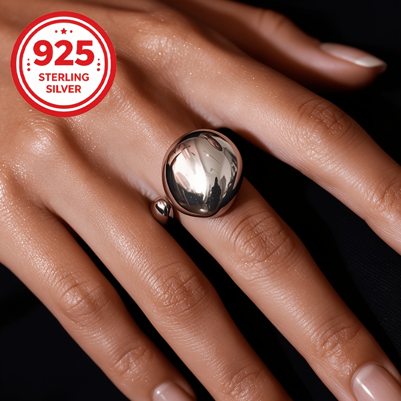 Women's 925 Silver Low-Allergy Adjustable Oval Glossy Ring